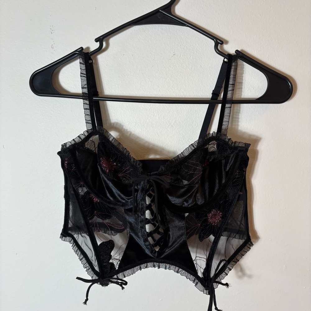 For Love & Lemons Black Sheer Floral Bustier Top Small